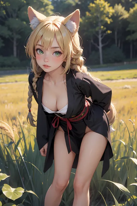 a field of tall grass, long hair, breasts, looking at viewer, blush, large breasts, blonde hair, 1girl, cleavage, green eyes, braid, portrait, leaning forward, standing, kimono, fox ears, petite, skinny, hands behind back