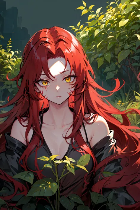 <lora:RedMistGebura-000004:0.8>red long wavy hair,solo,yellow eyes ,scars on face,garden background,