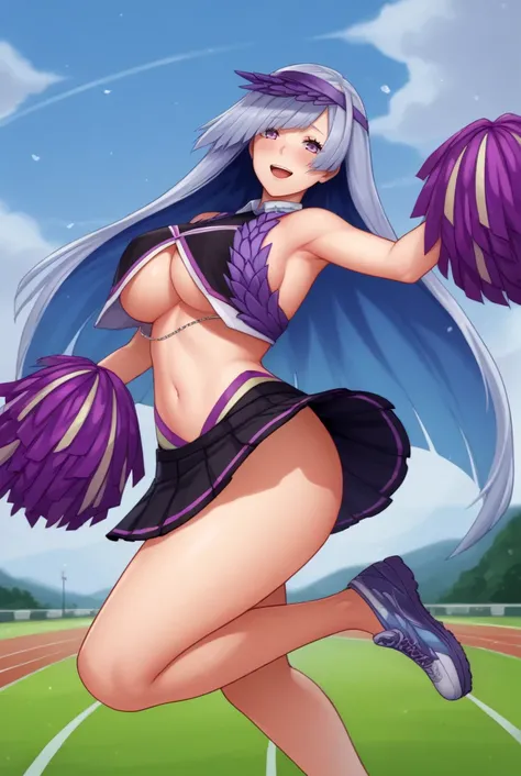 score_9, score_8_up, source_anime, rating_explicit  BREAK solo, 1girl, looking at viewer, cowboy shot, 
<lora:BrynhildrPdxlDwnsty-000008:1>,  brynhildr cheerleader, purple eyes, blue hair, long hair, cheerleader, pom pom (cheerleading), microskirt, black s...