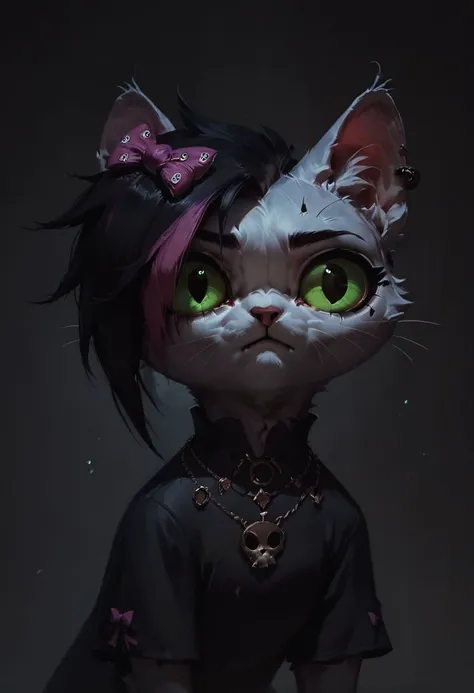 score_9, score_8_up, score_7_up, score_6_up, 
digital art,
Mursday, 1girl, cat girl, white fur,
black dress, multicolored hair, green eyes, bow,
concept art, realistic, dark theme, low light