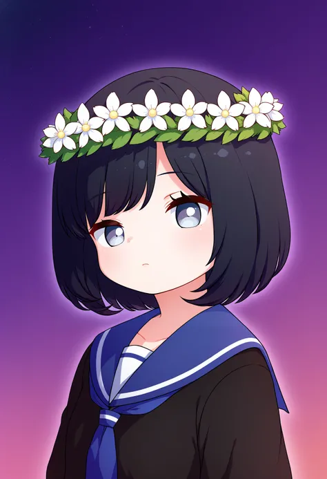 score_9, best quality, masterpiece, uncensored, source_anime
BREAK
1girl, black hair, black shirt, bob cut, close-up, expressionless, eyelashes, female focus, flower, grey eyes, head wreath, leaf, sailor collar, shirt, short hair, solo, upper body, white f...