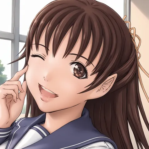 <lora:AmiUeharaXLpony001>,smile,open mouth,one eye closed,
solo,
AmiUehara,1girl,brown hair,half -up,bangs,long hair,brown eyes,
hair ribbon,
breasts,
school_uniform,