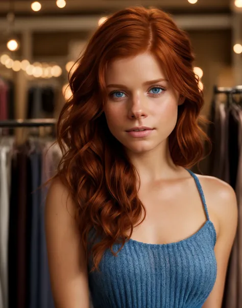 red-ish auburn hair, blue eyes,looks like a young kate mara, 1girl, cute model, Long thick Maxi Skirt, Knit tube top, swept back hair, alluring smile, working at a clothing store, perfect eyes, highly detailed beautiful expressive eyes, detailed eyes, 35mm...