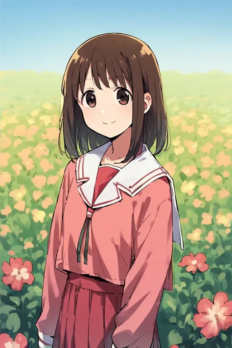 <lora:ALTXL_pony_0061_8:3>, (anime, 1 girl, solo), (score_9, score_8_up, score_7_up, score_6_up, score_5_up, 2.5d), (kasuga ayumu, brown hair, smile, alternate costume, serafuku, flower field), (cowboy shot), <lora:Smooth Anime 2 Style SDXL_LoRA_Pony Diffu...