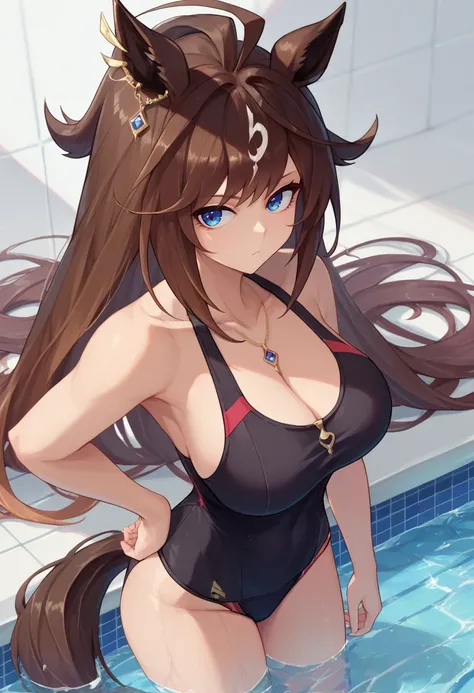 score_9, score_8_up, score_7_up, source_anime, solo, 1girl, duramente, expressionless, looking at viewer, hand on own hip, ahoge, animal ears, ear ornament, black bikini, black one-piece swimsuit, horse tail, large breasts, swimming pool <lora:umamusume_du...