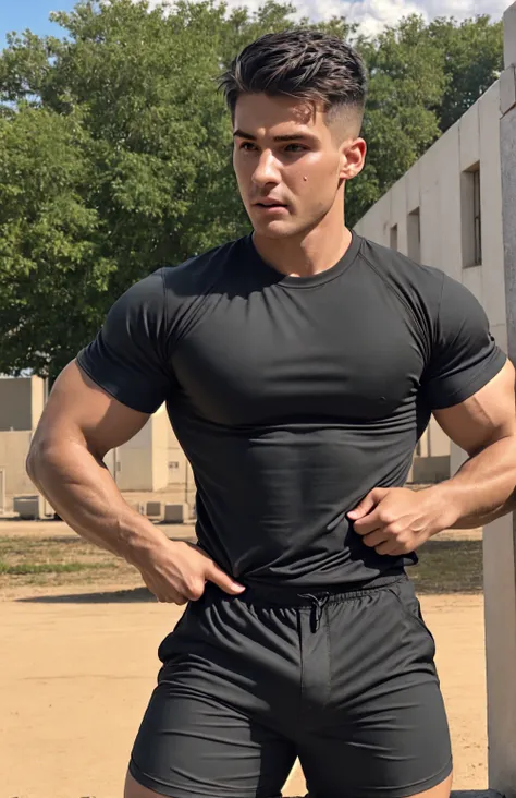 <lora:BulkedUpAIR1.5:0.5>. (face focus). (close up shot:0.7), at outdoor military base, sweaty:1.2, , wearing military shorts, wearing tight black tshirt:1.1, confident, handsome, (((masterpiece))), (((best quality))), <lora:more_details:0.1>, l(hands on w...