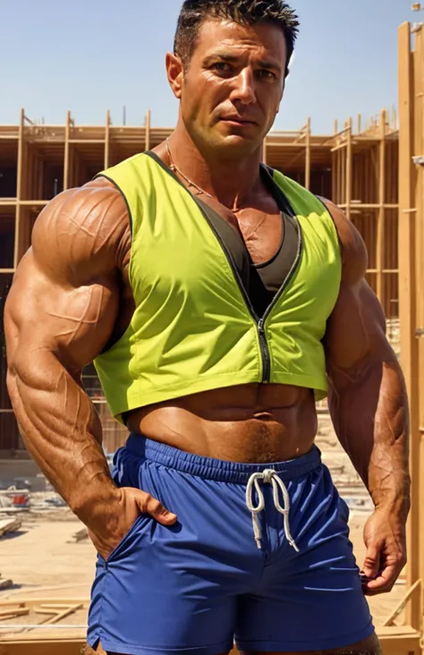 <lora:BulkedUpAIR1.5:0.35>. (close up body shot:0.7), at outdoor construction site, sweaty:1.2, , wearing tight shorts, (wearing open construction vest:1.1), confident, handsome, (((masterpiece))), (((best quality))), <lora:more_details:0.25>, (bodybuilder...