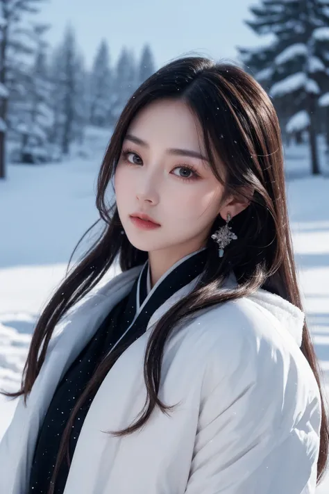 gufeng,1girl,long hair,solo,jewelry,earrings,upper body,snowing,closed mouth,lips,snow,facing viewer,ribbon,clothes,