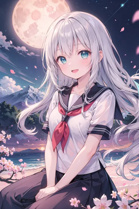 (masterpiece), night, full moon, huge moon, scenery, mountainous horizon, cherry blossoms, petals, light particles, upper body, 1girl, petite, serafuku, (white shirt:0.7), wavy hair, floating hair, smile, sitting, open mouth, silver hair, aqua eyes, lookin...