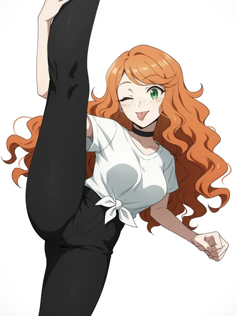 score_9, score_8_up, score_7_up, score_6_up, score_5_up, score_4_up,
BREAK
1girl, orange hair, wink, tongue out, green eyes, long hair, wavy hair, freckles, swept bangs,
BREAK
solo, medium breasts, white t-shirt, tied shirt, black yoga pants, black choker,...