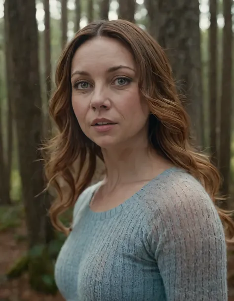 In this cinematic-shot masterpiece of a scene, Shannon Dixon stood amidst a picturesque forest with her long, wavy locks framing a face illuminated by soft lighting; her blue eyes peering into the distance, she wore a knitted sweater and leggings, embodyin...