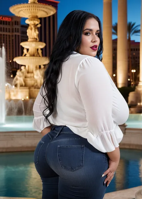 RAW photo at night, full body shot of a BBW model with black long hair, dark lips, long eyelashes, dark make-up, look viewer, dressed in a white blouse and blue jeans, from behind, background is the fountain of the Caesars Palace in Las Vegas, soft light, ...