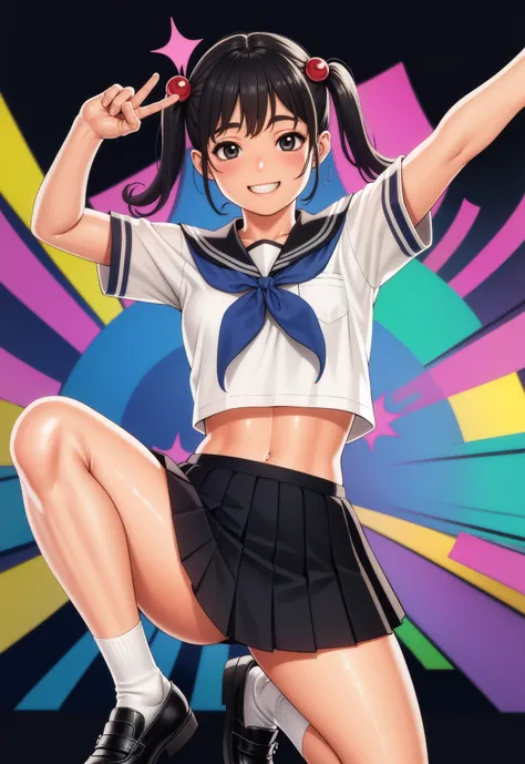 masterpiece, best quality, <lora:Tsukasa_Jun_SD1.5_V2_dim32-000040:0.9>, 1girl, solo, smile, teeth, school uniform, skirt, shoes, serafuku, hands up, black hair, socks, midriff, colourful backgrounds, rainbow backgrounds,, spread legs, dancing, funny dance...