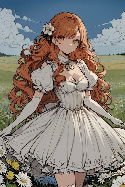 score_9, score_8_up, score_7_up, rating_safe, 1girl, solo, long hair, curly hair, wavy hair, orange hair, orange eyes, looking at viewer, breasts, dress, white dress, puffy sleeves, puffy short sleeves, short sleeves, gloves, elbow gloves, white gloves, co...