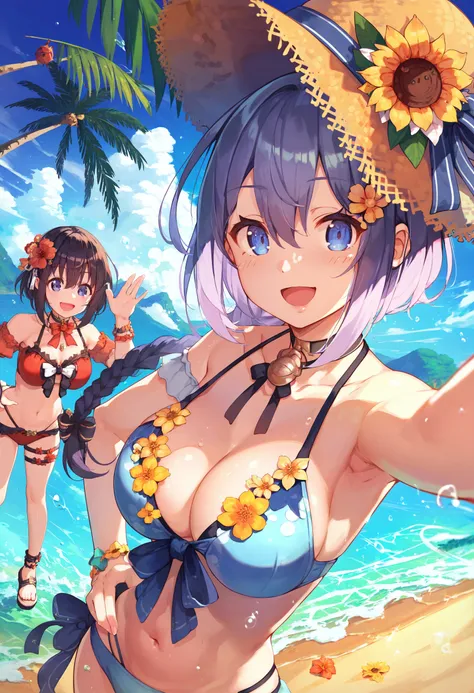 score_9,score_8_up,score_7_up,score_6_up,source_anime,<lora:Ayataka_XL:1>,selfie,close-up,2girls,breasts,flower,bikini,hat,outdoors,swimsuit,smile,braid,long hair,purple eyes,large breasts,day,hair between eyes,blue eyes,purple hair,cleavage,open mouth,rib...