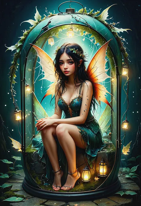 a small fairy with sailfish wings trapped inside a lantern filled with small twinkling lights moss and leaves, full body, a look of sadness on her face, sitting with her face in her hands, (masterpiece, high detail, best quality), realistic, fantasy