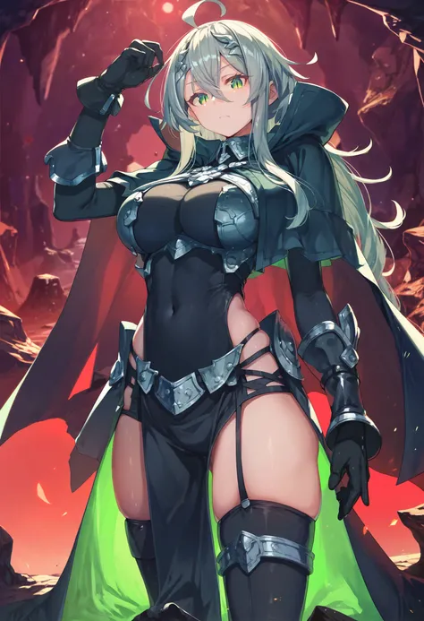 score_9,score_8_up,score_7_up,score_6_up,source_anime,<lora:Ayataka_XL:1>,1girl,ahoge,black gloves,breasts,cloak,covered navel,gloves,green eyes,grey hair,hair between eyes,large breasts,long hair,skindentation,slit pupils,solo,standing,two-tone bodysuit,c...