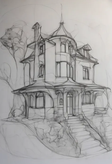 pencil contour drawing architectural study of an art nouveau concept for a house in the country 