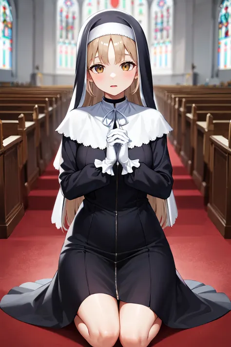 masterpiece, best quality, highres, aasister, long hair, nun, habit, white capelet, neck ribbon, (black dress:1.2), long sleeves, white gloves, full-length zipper, <lora:sister_cleaire_v2:0.7>, church, indoors, kneeling, praying, own hands together, hands ...