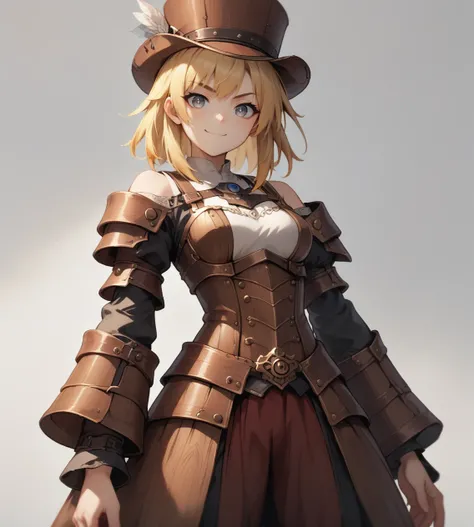 score_9,score_8_up,score_7_up,score_6_up,source anime,1girl,solo,standing,off shoulder,armor,long sleeves,steampunk,hat,medium breasts,gradient hair,blonde hair,red tips,medium hair,grey eyes,white pupils,smirk,cowboy shot,bangs,closed mouth,medium breasts...