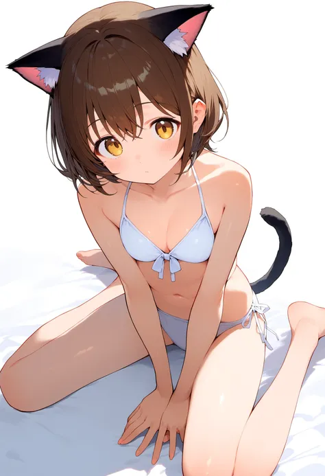 1girl, barefoot, brown hair, cat ears, cat tail, short hair, sitting, solo, v arms, wariza, white bikini, yellow eyes, white background, from above, score_9, score_8_up, score_7_up