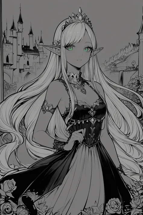 score_9, score_8_up, score_7_up, rating_safe, lineart, flat color, monochrome, greyscale, 1girl, solo, elf, pointy ears, breasts, long hair, very long hair, white hair, green eyes, portrait, looking at viewer, black dress, tiara, silver tiara, holding, hol...