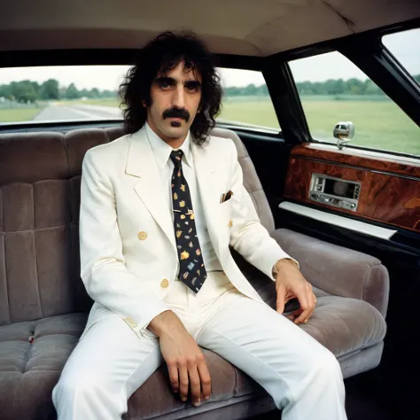 <lora:fz:0.7> frank zappa man wearing a white suit and a wembley necktie, sitting in the backseat of a comfortable limousine