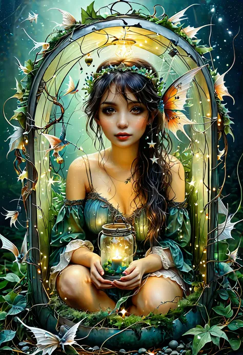 a small fairy with sailfish wings trapped inside a lantern filled with small twinkling lights moss and leaves, full body, a look of sadness on her face, sitting with her face in her hands, (masterpiece, high detail, best quality), realistic, fantasy