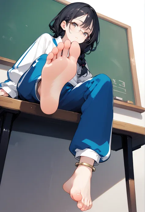 ,, score_9, score_8_up,score_7_up,, 1girl,solo,black hair,baggy blue and white track suit,baggy blue and white track pants,glasses,black hair,low twin braids, ,desk,sitting on desk,foot up,barefoot,soles,foot focus,from below,anklet,bare legs,chalkboard,