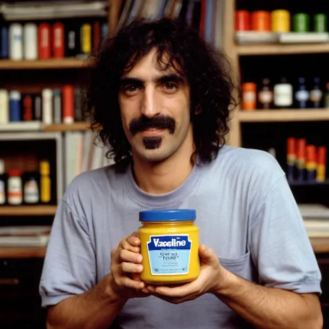 <lora:fz:0.7> frank zappa man smiling, holding a jar of VASELINE