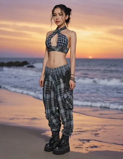 front view,full body, dollskill, beautyfull young korean, messy hair, (cinematic light:1.1), at a  ,This is a picture of a beautiful sunset over the ocean, captured on a beach.