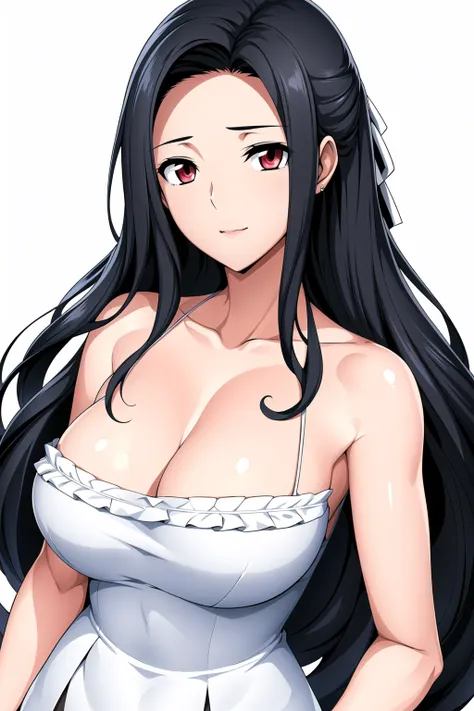 Simple White Background,
dynamic pose,standing at attention,
Pink shirt, frilled dress, bare shoulders, strapless, collarbone, cleavage, 
<lora:Saegusa_Mayumi_MagicHighSchool-KK77-V1:0.7>,jewelry,
Red eyes, black hair,bangs,Long hair,hair flower, 
<lora:Od...