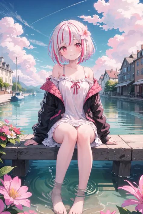 (masterpiece), 1girl, solo, sitting, flower, outdoors, pink hair, red eyes, looking at viewer, smile, water, day, scenery, bangs, long sleeves, sky, short hair, building, jacket, cloud, pink flower, streaked hair, puffy long sleeves, white hair, soaking fe...