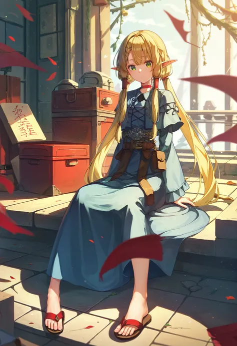 score_9,score_8_up,score_7_up,score_6_up,source_anime,<lora:Ayataka_XL:1>,1girl,sitting,bare legs,barefoot,belt,blonde hair,blue capelet,blue dress,braid,brown belt,capelet,choker,closed eyes,closed mouth,dress,green eyes,hair tubes,long hair,long sleeves,...