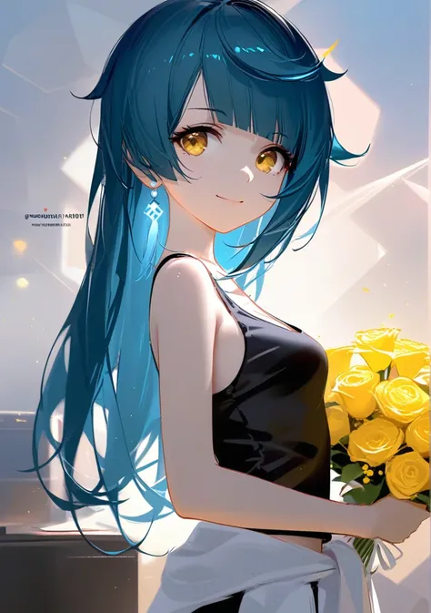 1girl,(xingqiu (genshin impact):0.8),(genderswap (mtf):1.2),blue hair,yellow eyes,(long hair:1.1),earrings,small breasts,closed mouth,facing viewer,happy,holding,holding bouquet,light smile,looking back,solo,standing,asymmetrical clothes,cleavage,clothes a...