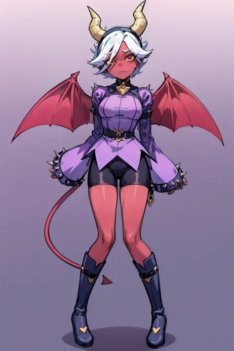 (masterpiece, best quality), trixie colette, 1girl, solo, demon girl, colored skin, red skin, red eyes, colored sclera, yellow sclera, short hair, ponytail, white hair, hair over one eye, demon tail, demon horns, demon wings, medium breasts
hairband, choke...