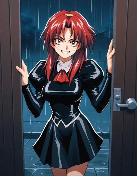 score_9,  score_8_up, score_7_up
<lora:maypia-alexymetalia-ponyxl-000050:1> m4yp1a, red hair, black uniform, black skirt, juliet sleeves, red ascot,
1girl, through open door, grin, night, dark, looking at viewer, rain, drenched, drenched hair,