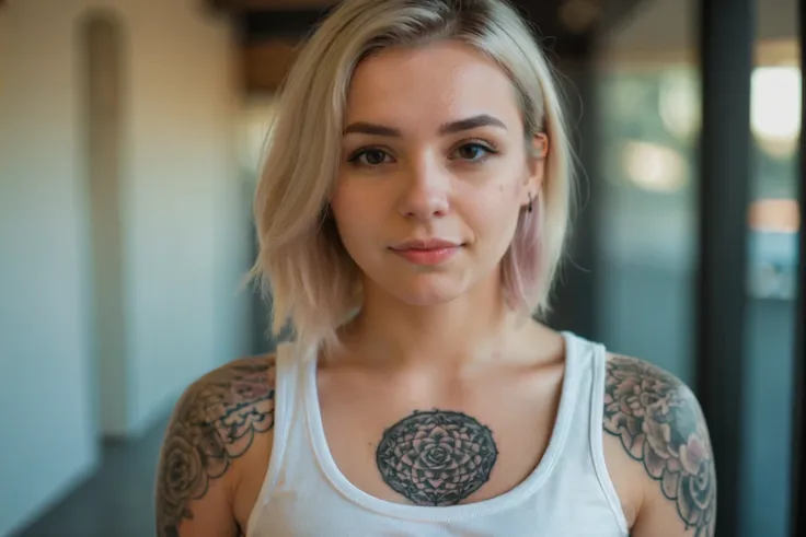 hd, 8k photography, portrait of a blonde cute woman, young,  bright, no blur, sharp focus, casual,  tattooed, full body, focus on face