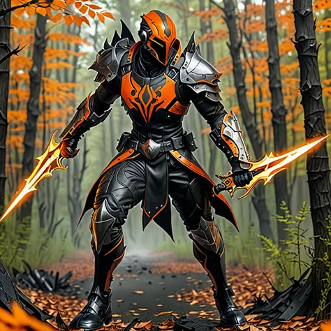 1man, (human face), a rogue assassin, holding weapon orange psyblade, detailed forest background, black leather shoes, black cloth armor, , HD, masterpiece, best quality, hyper detailed, ultra detailed, super realistic