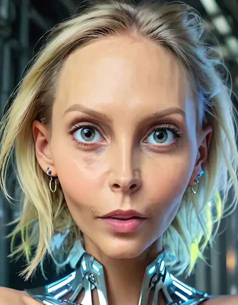 In a technologically advanced, futuristic city, Nikki Mills, a stunning blonde girl with piercing eyes and luminous skin, sat for a captivating portrait session, where the artists creative genius brought her to life as an ethereal being, showcasing her fac...