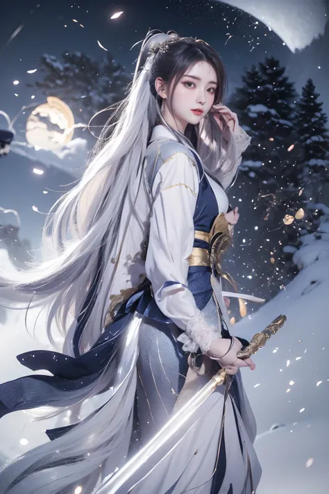 1girl,solo,very long hair,absurdres,realistic,masterpiece,best quality,hanfu,high ponytail,delicate facial features,long hair,white hair,dress,long sleeves,hair ornament,fair_skin,3d,beautiful lines,peaceful face,oriental minimalist style,best details,mast...