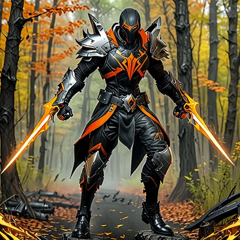 1man, (human face), a rogue assassin, holding weapon orange psyblade, detailed forest background, black leather shoes, black cloth armor, , HD, masterpiece, best quality, hyper detailed, ultra detailed, super realistic