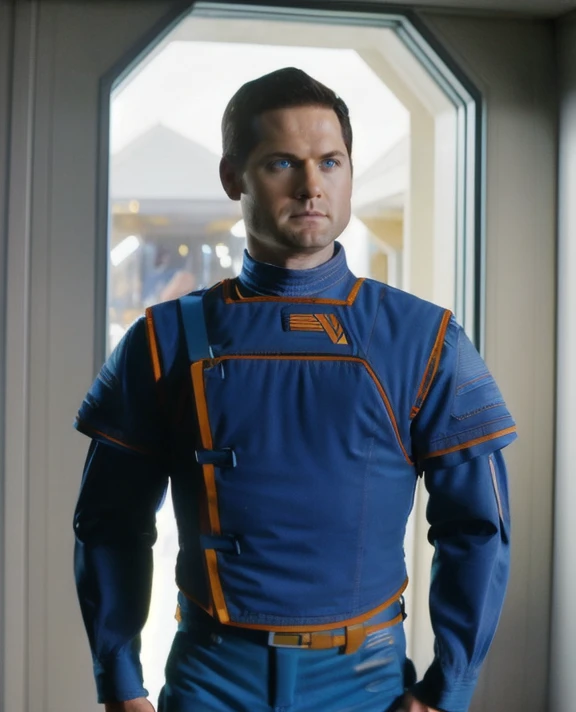 <lora:syrilkarn_lora:0.8>, syrilkarn, male, light skin, brown hair, blue eyes, wearing blue uniform with orange details, cowboy shot, front view, facing viewer, indoor lighting, sci-fi room, kyle soller