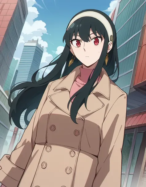 score_9, score_8_up, score_7_up, source_anime,
yorbriar, <lora:yor-briar-s1-ponyxl-lora-nochekaiser:1>,
yor briar, black hair, red eyes, earrings, white hairband, hairband, long hair, sidelocks,
coat, trench coat,
outdoors, cityscape,
looking at viewer, du...