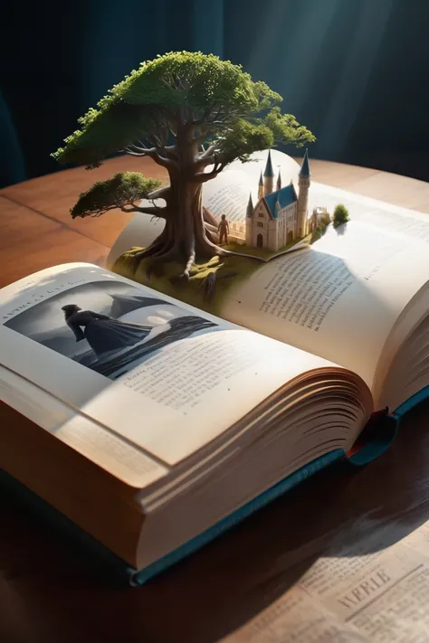 Hyperreal digital art style, "Fairytale", fantasy world coming out of centered book, open book, hyperdetailed double exposure fantasy illustration, masterpiece, cinematic, by Andreas Lie, Luke Gram, photorealism, backlit, gorgeous light