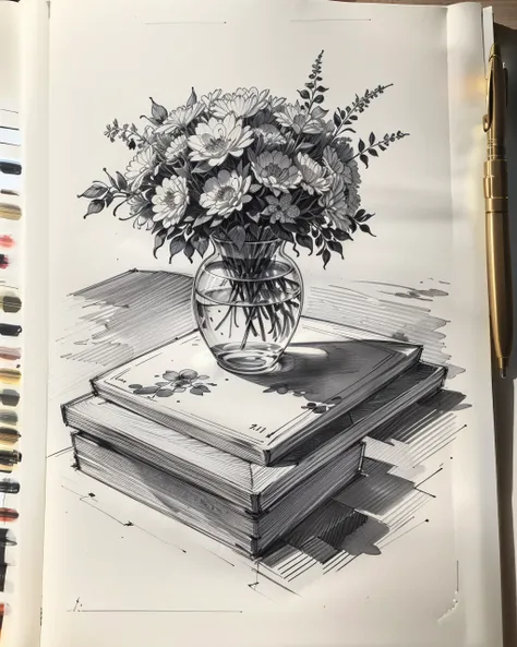 best quality,masterpiece, 
flowes still life, table, 
 <lora:neg9V2_last:0.5>   traditional media,  <lora:lamy-fountain:1> lamy-fountain, monochrome, sketch