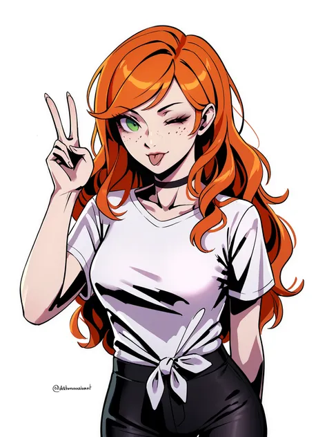 score_9, score_8_up, score_7_up, score_6_up, score_5_up, score_4_up,
BREAK
1girl, orange hair, wink, tongue out, green eyes, long hair, wavy hair, freckles, swept bangs,
BREAK
solo, medium breasts, white t-shirt, tied shirt, black yoga pants, black choker,...