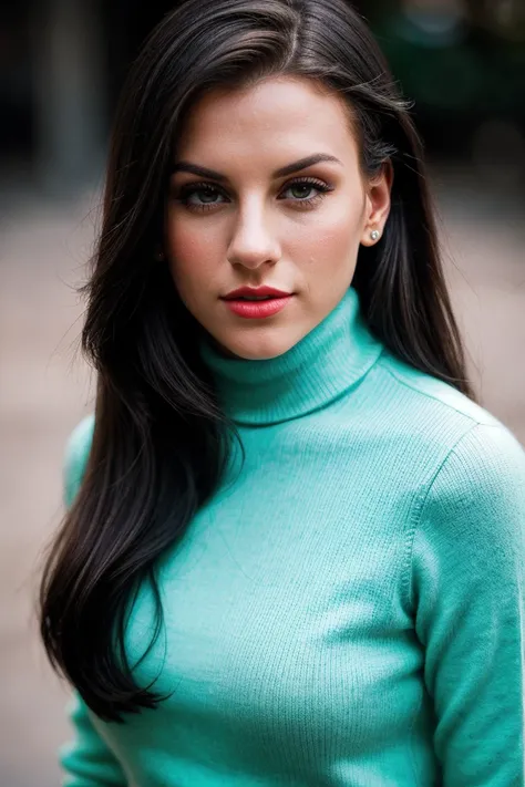 photo of beautiful (H4l3yCumm1ngs_HM-135:0.99), a woman, perfect hair, serious look, (modern photo), wearing turtleneck and long pants, portrait, 85mm, (analog, cinematic, film grain:1.3), (__advancedWildcardsScienceFictionKit_v10/advanced-science-fiction-...