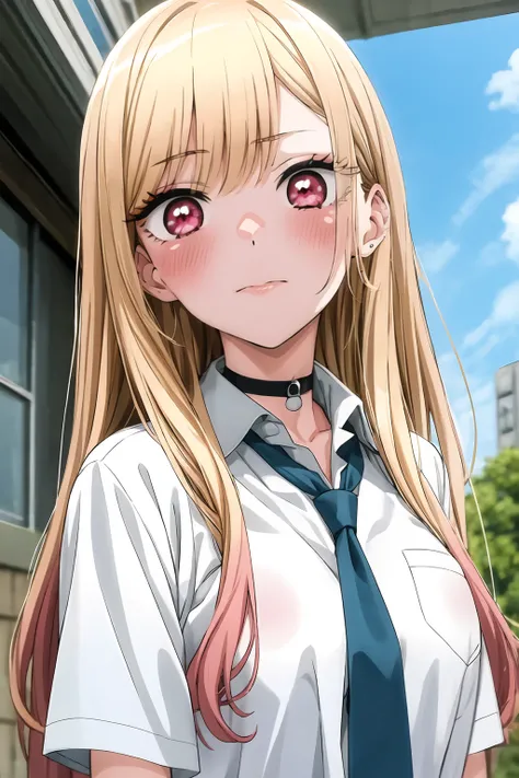 kitagawa marin, 1girl, solo, long hair, bangs, blonde hair, shirt, red eyes, school uniform, white shirt, necktie, choker, collared shirt, outdoors, black choker, blue necktie, ceiling, <lora:Sono Bisque Doll wa Koi wo Suru - Marin Kitagawa V3:0.8>