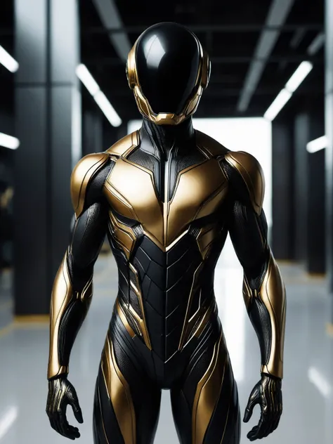 bodysuit, solo, 1boy, male focus, skin tight,
The image showcases a futuristic, humanoid figure with a sleek, black, and metallic appearance. The figures head is obscured by a reflective, smooth helmet that covers the entire face, leaving no visible facial...